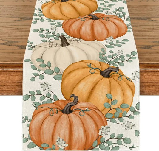 Halloween Pumpkins Eucalyptus Fall Table Runner