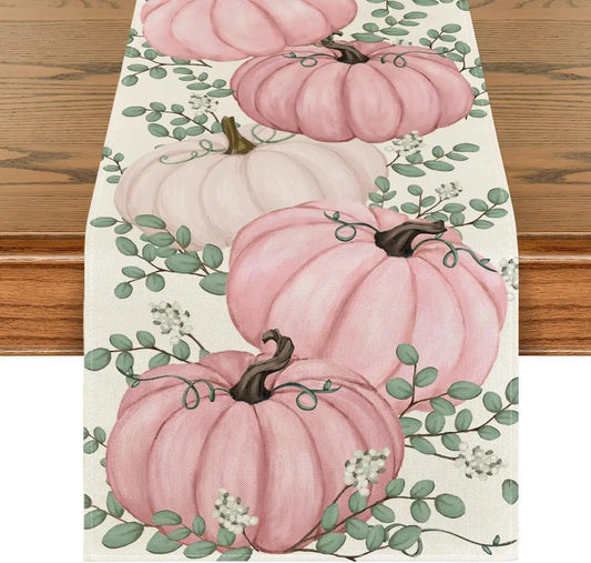 Pink Halloween Pumpkins Eucalyptus Fall Table Runner