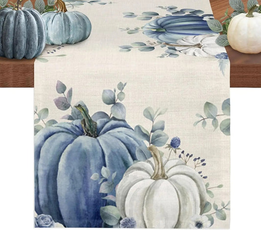 Blue Halloween Pumpkins Eucalyptus Fall Table Runner